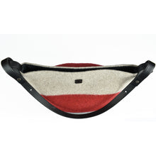 Load image into Gallery viewer, Knit-felted, ultra-fine merino wool handbag in Smoke, Flame and Cloud. Vegetable tanned English bridle leather strap and trim with lacquer-finished, brushed nickel hardware.