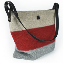 Load image into Gallery viewer, Knit-felted, ultra-fine merino wool handbag in Smoke, Flame and Cloud. Vegetable tanned English bridle leather strap and trim with lacquer-finished, brushed nickel hardware. 
