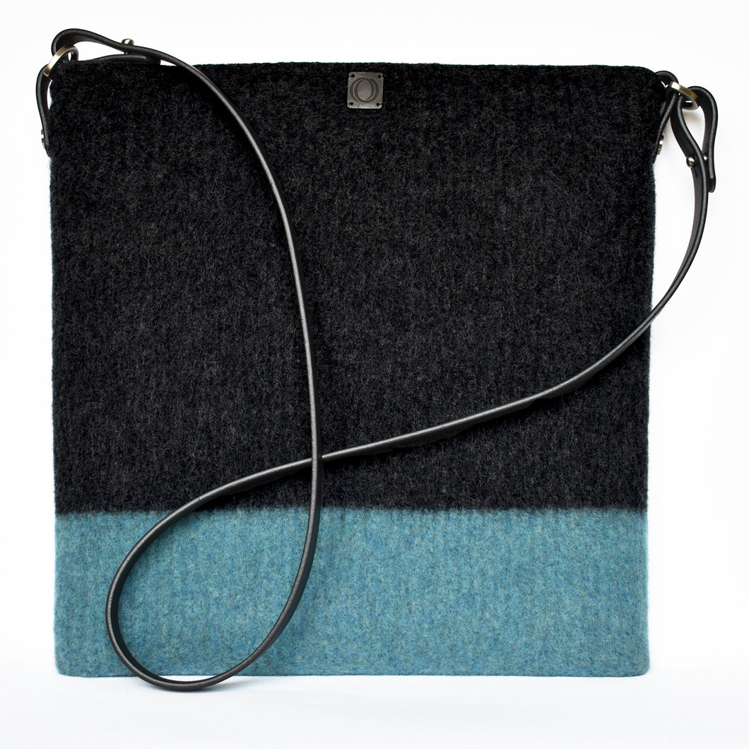 Ocean blue & charcoal, boiled wool, soft felt handbag. Organic, toxin free handbag.